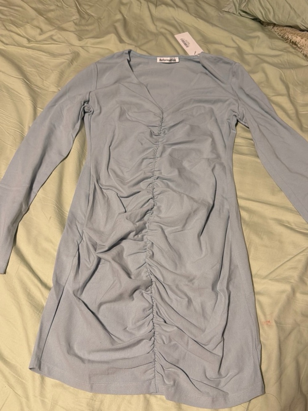 Reformation Cally dress in mineral blue Blue Center-Ruched Long Sleeve Dress